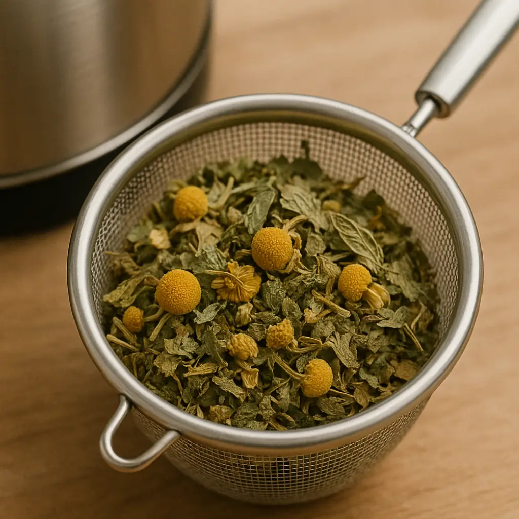 Dried chamomile and lemon balm in tea strainer