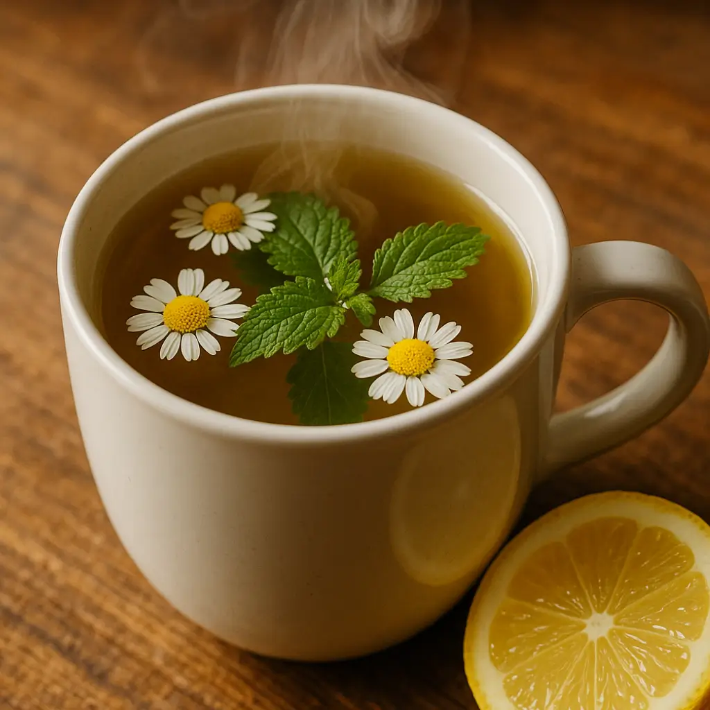 Chamomile lemon balm tea in a white mug with steam and lemon