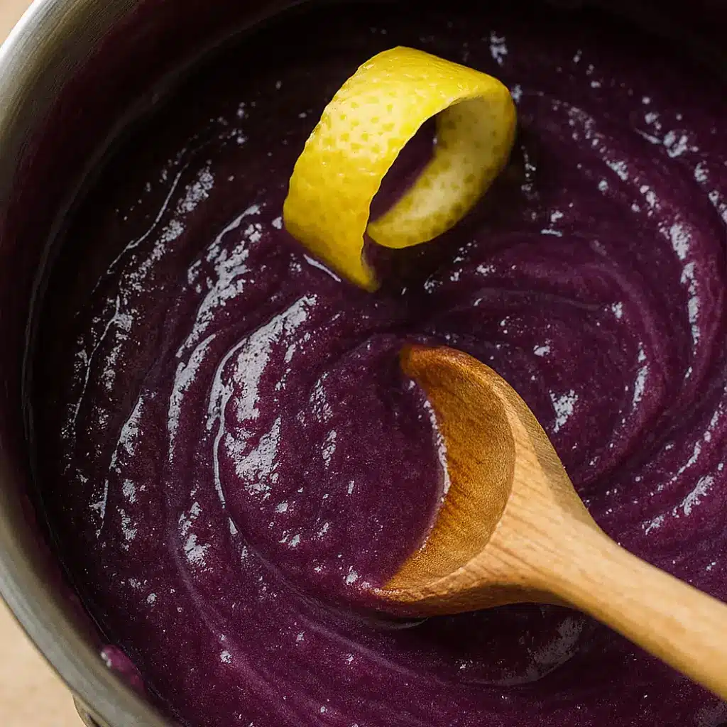 Stirring lemon blueberry curd for macarons