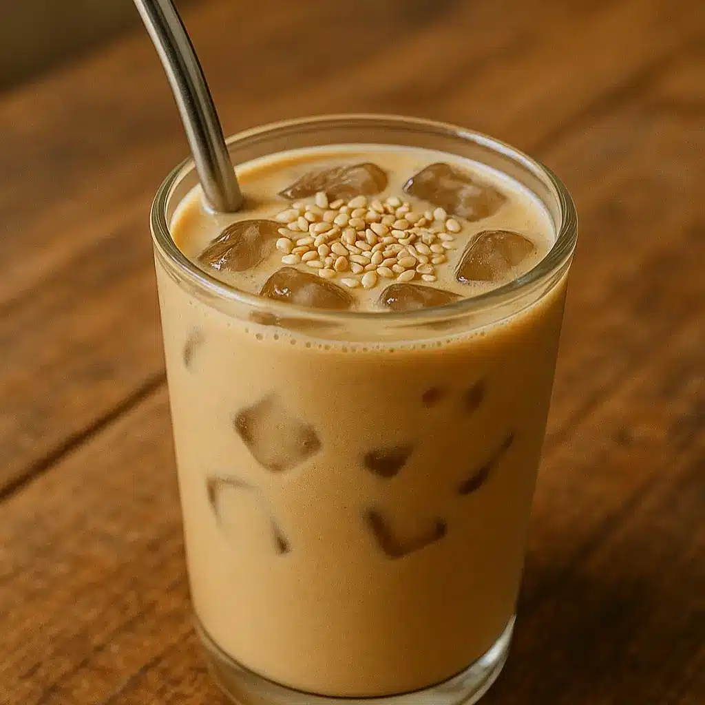 tahini iced coffee with sesame topping and straw