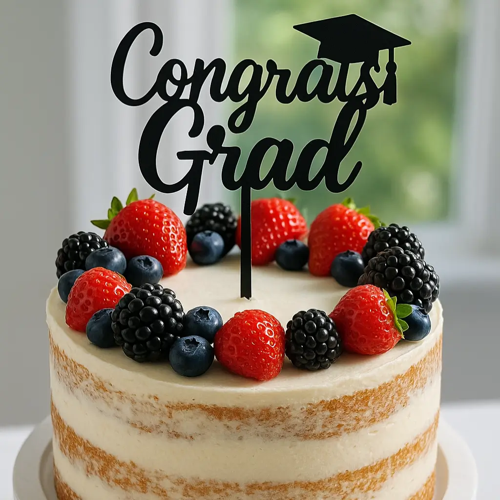 Naked cake graduation with fresh berries and topper
