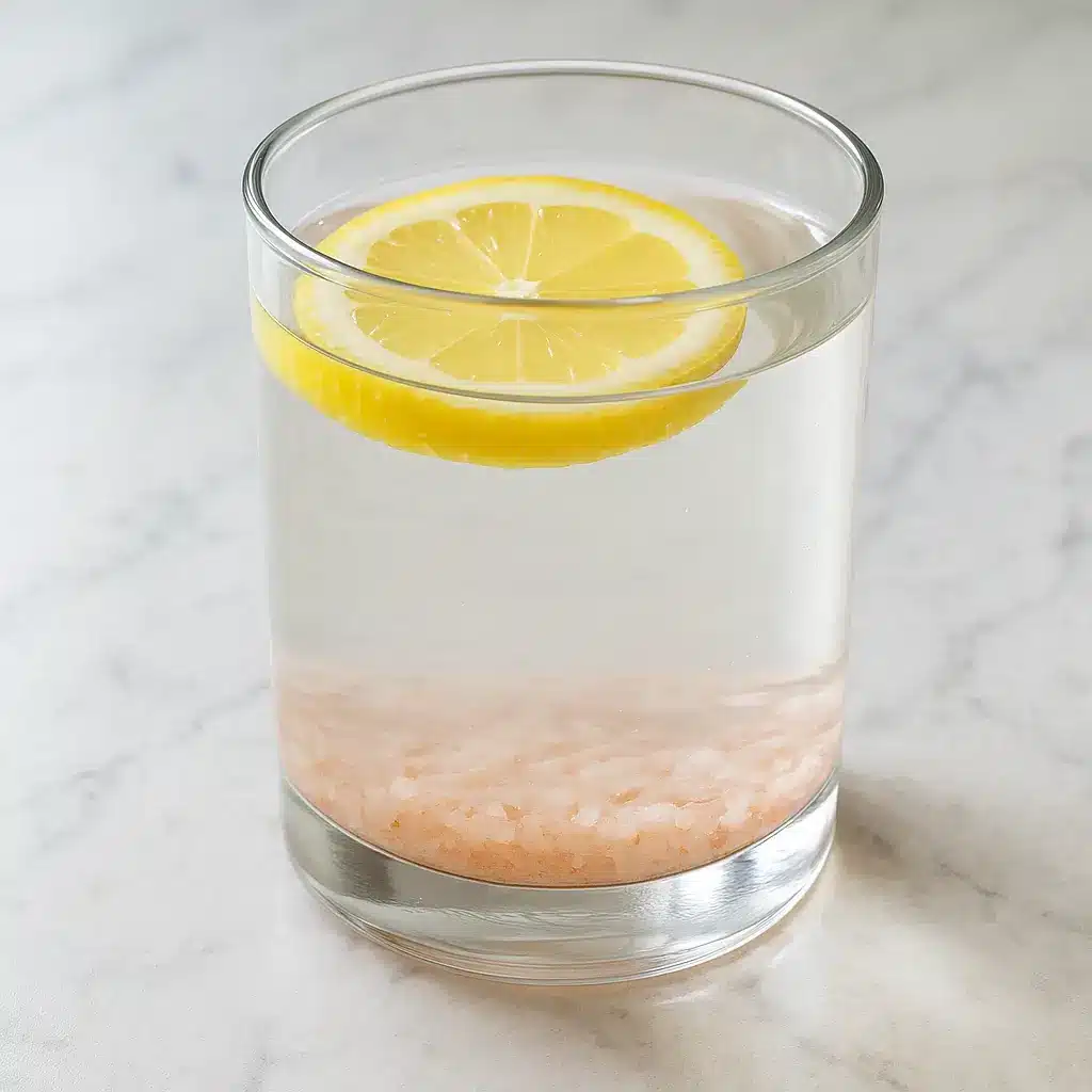 Glass of pink himalayan salt used for electrolyte drink with lemon