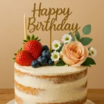 naked cake birthday with minimal frosting, decorated with strawberries, blueberries, raspberries, flowers, and a “Happy Birthday” topper.