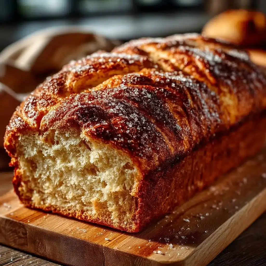 Loaf of freshly baked Amish Cinnamon Bread with a cinnamon sugar swirl