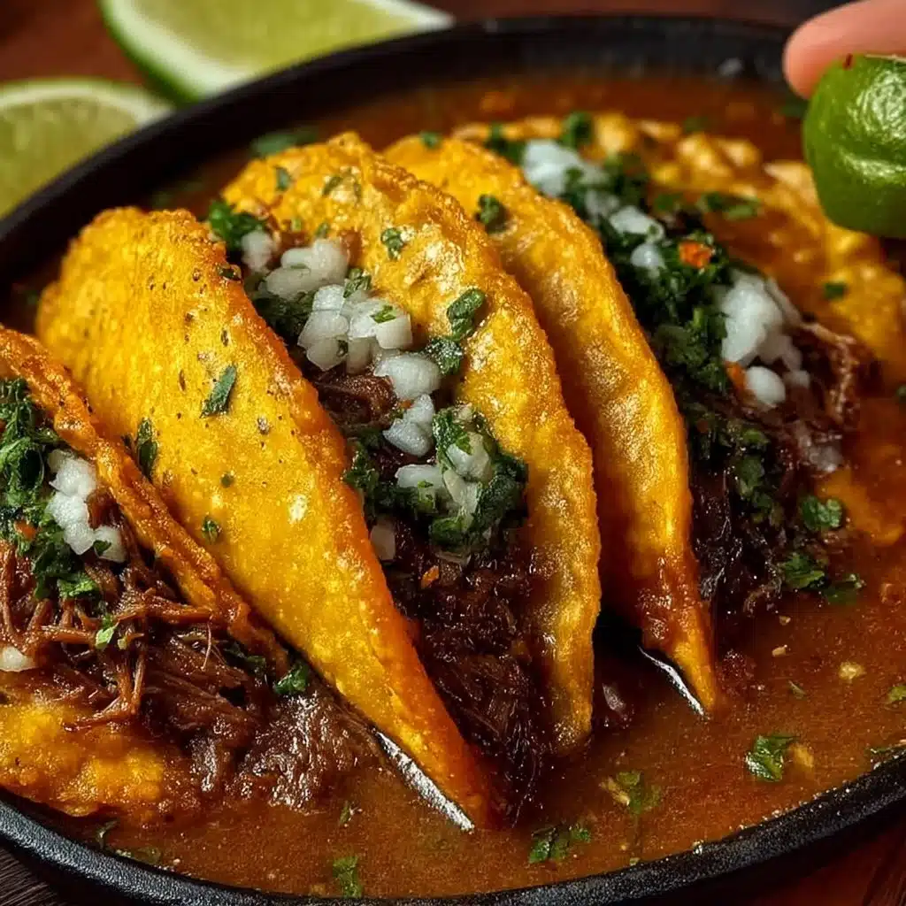 Delicious birria tacos served with rich broth and fresh toppings
