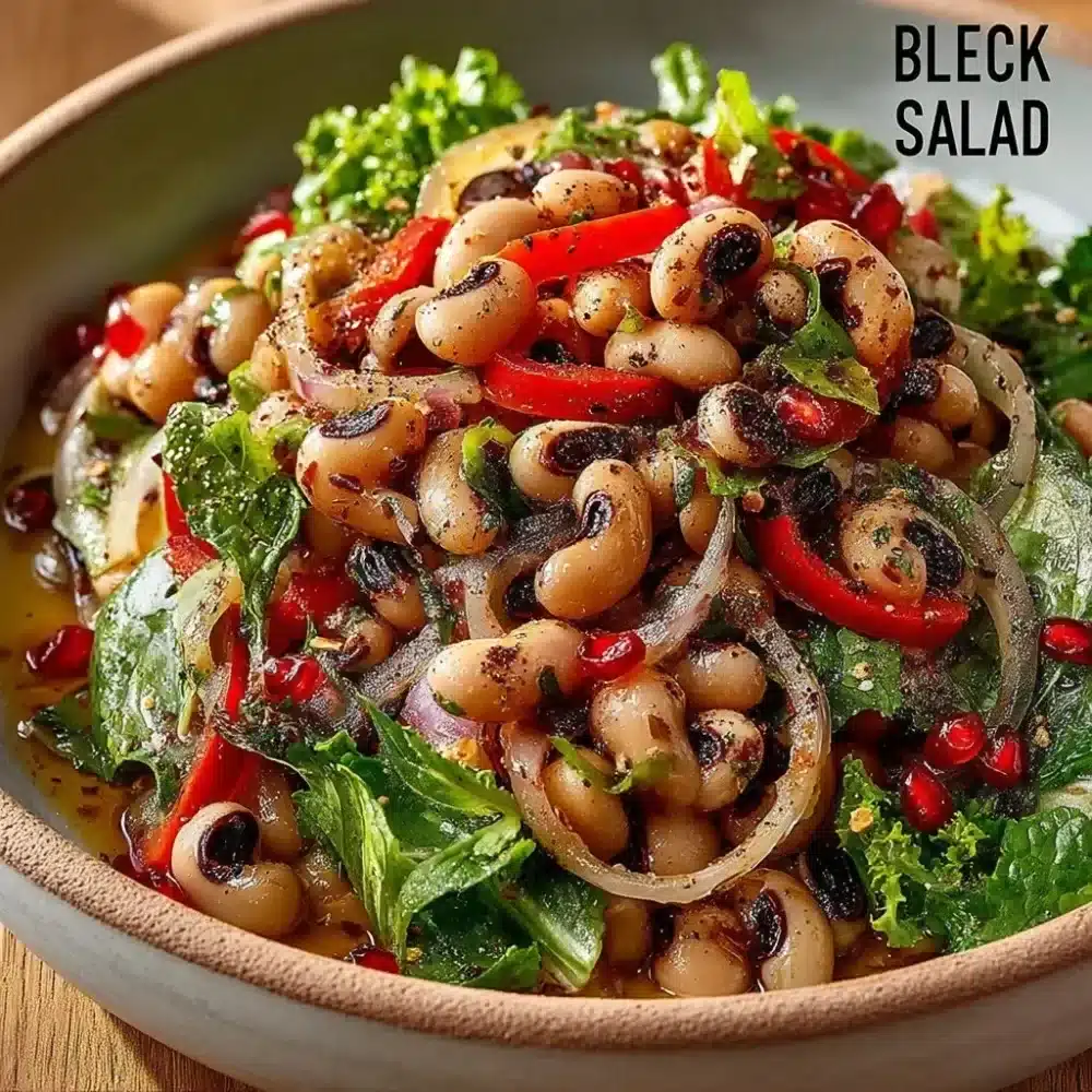 Fresh black eyed pea salad with colorful vegetables and dressing