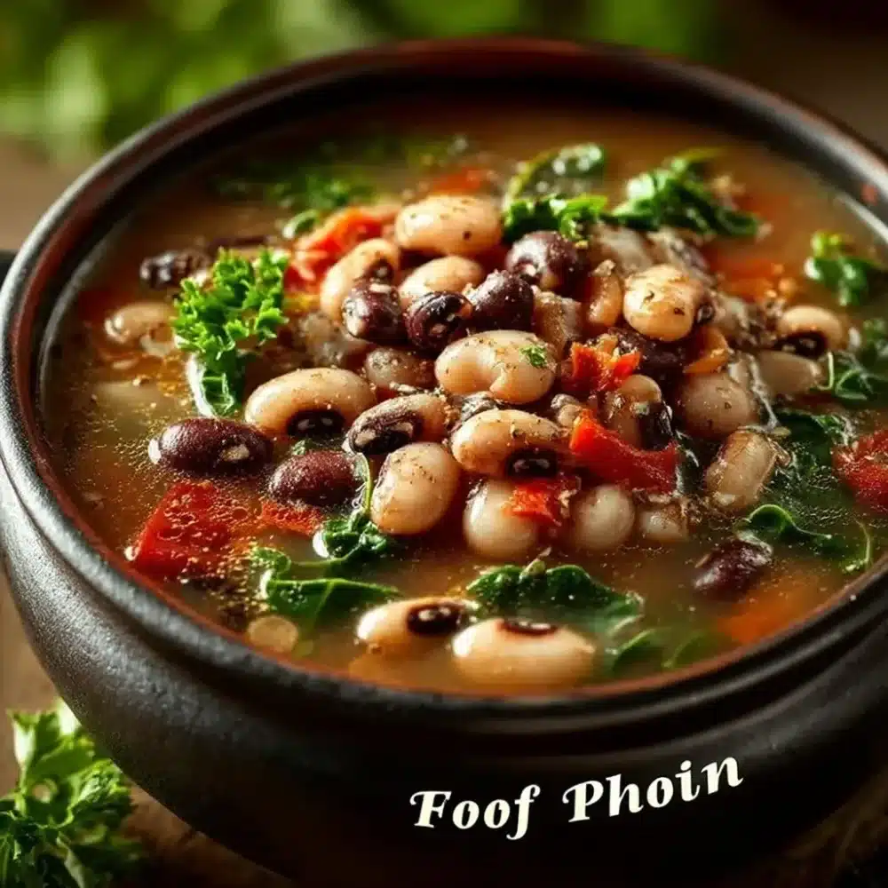 Bowl of delicious Black-Eyed Pea Soup garnished with herbs