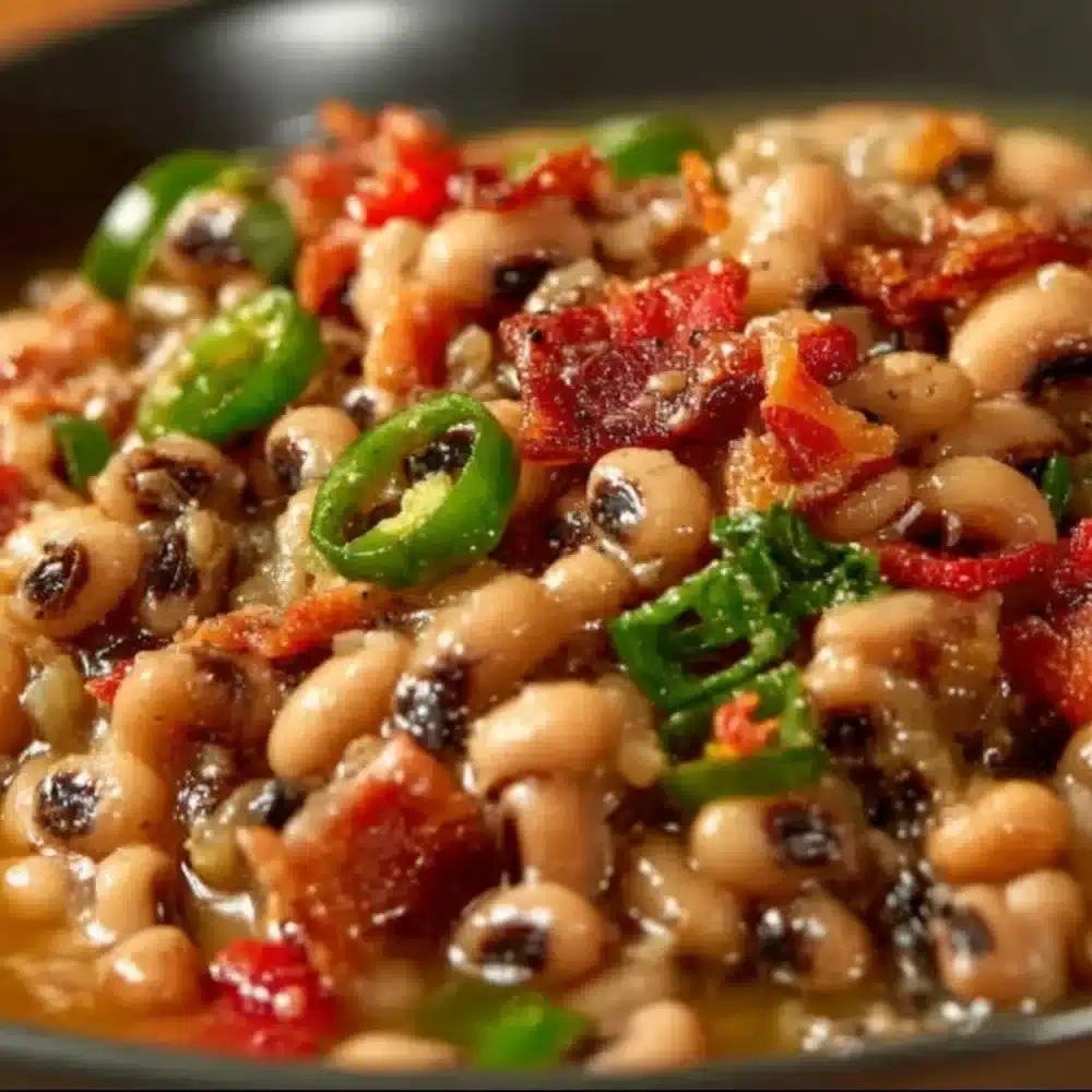 Dish of black-eyed peas with bacon and green chilies served in a bowl.