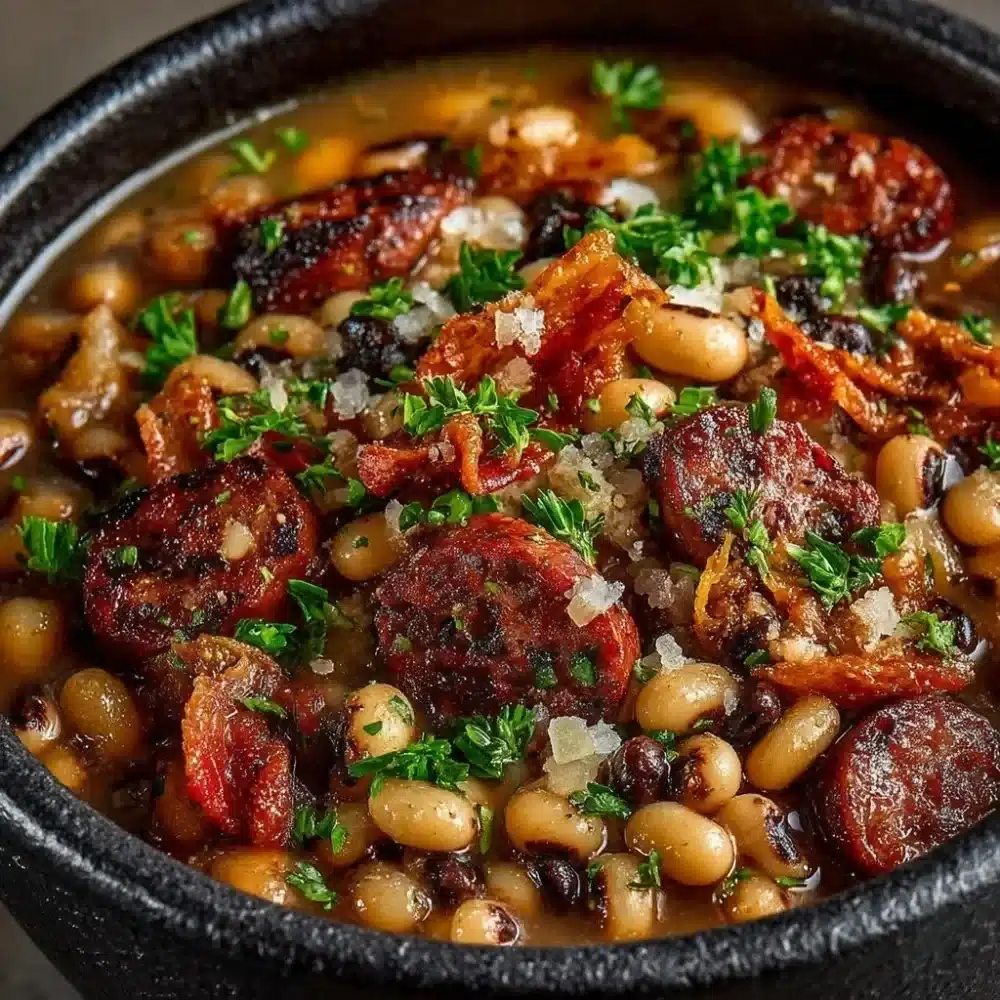 Delicious Black-Eyed Peas with Bacon and Sausage served in a bowl