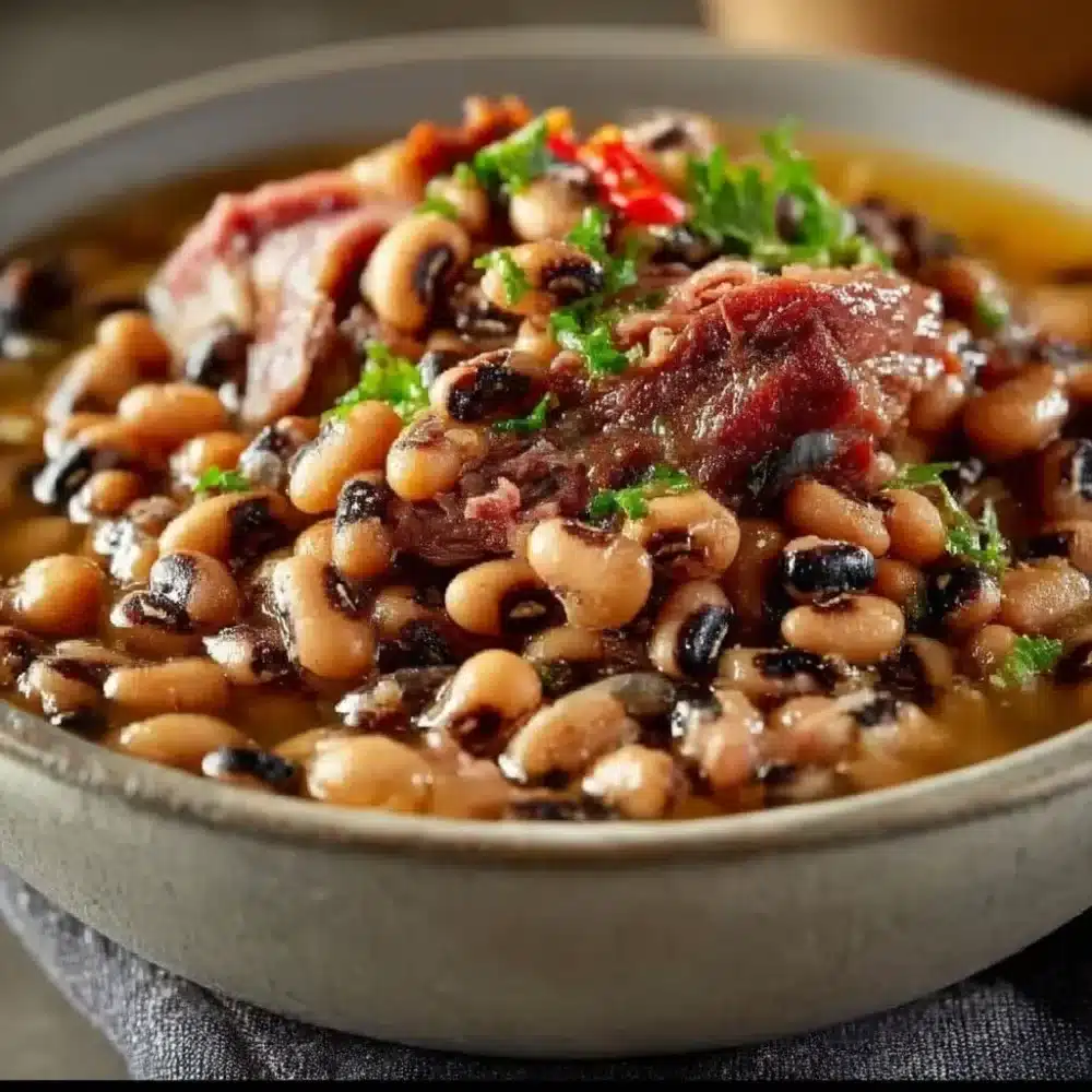 Delicious black eyed peas with smoked turkey leg served in a bowl