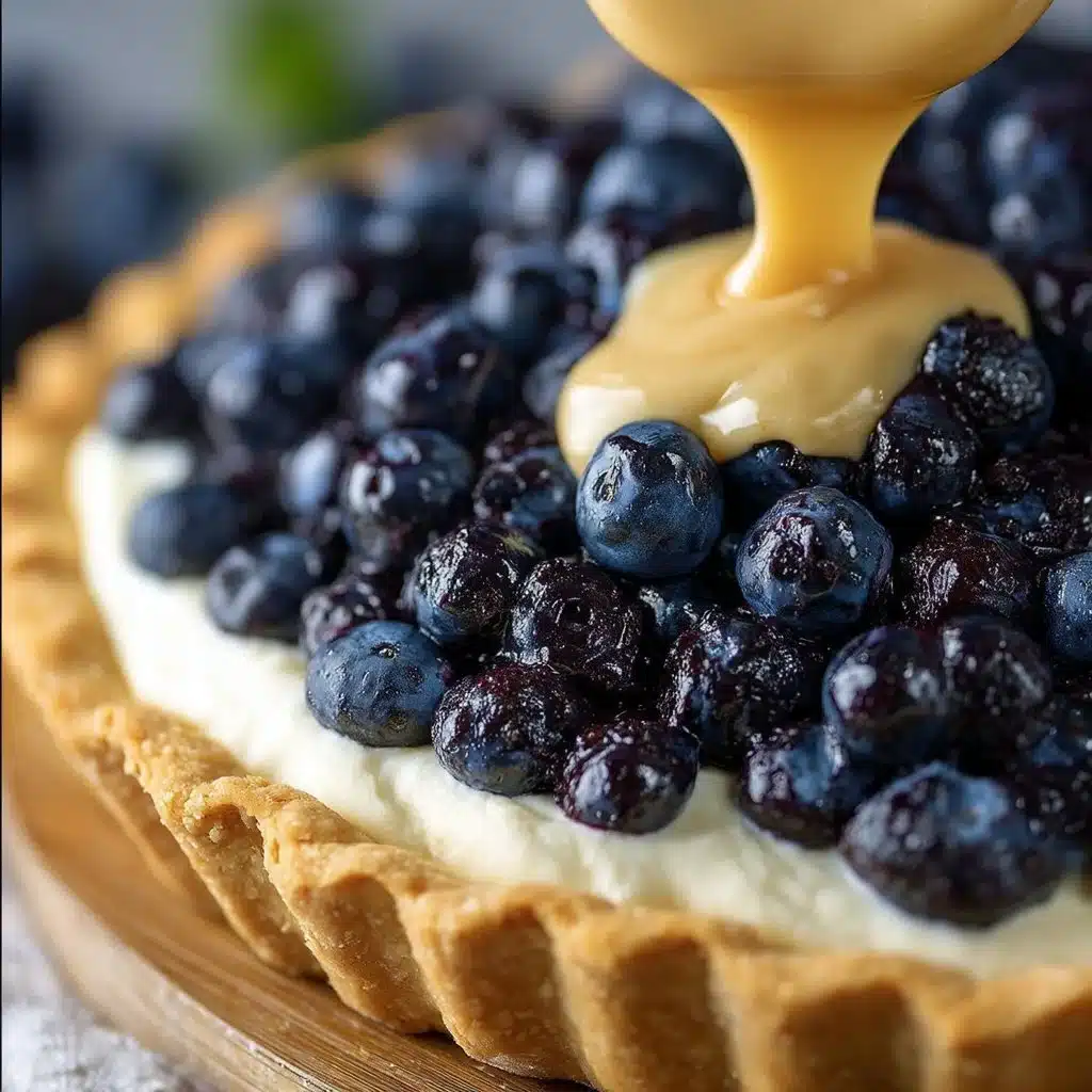 Delicious homemade Blueberries and Cream Pie topped with fresh blueberries.