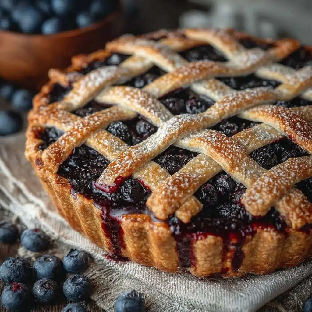 Delicious homemade blueberry pie with a golden flaky crust and fresh blueberries