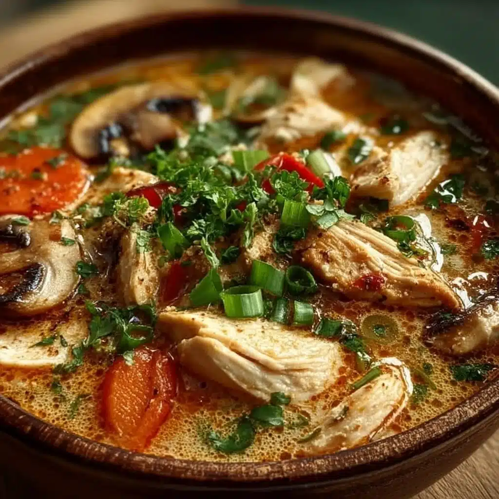 Bowl of flavorful Cajun Chicken Soup garnished with herbs and spices