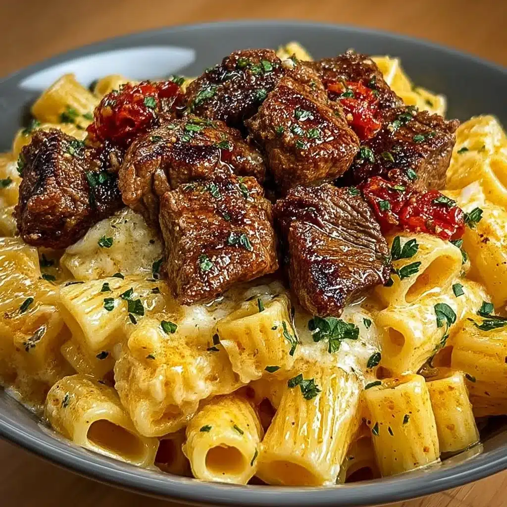 Cajun Steak Tips served with cheesy rigatoni in a flavorful dish