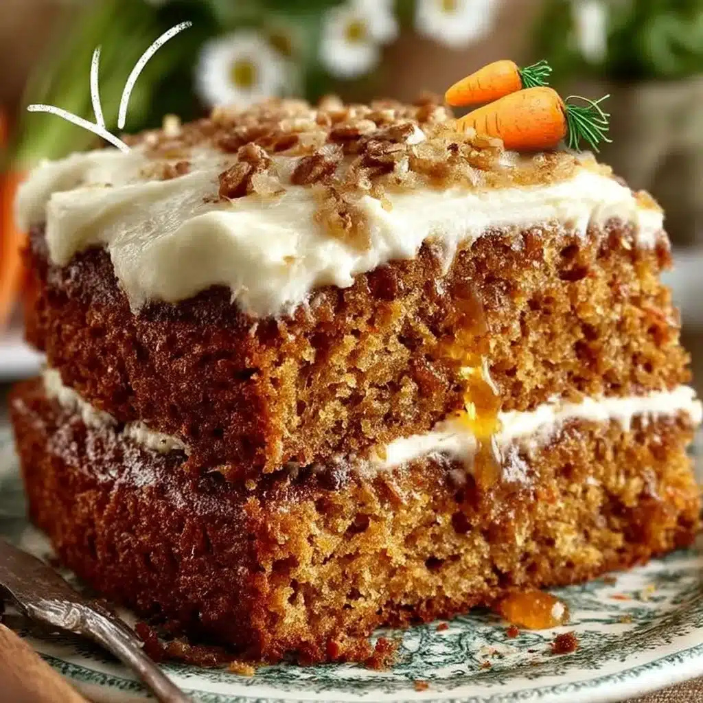 Delicious homemade carrot cake with cream cheese frosting on a decorative plate.
