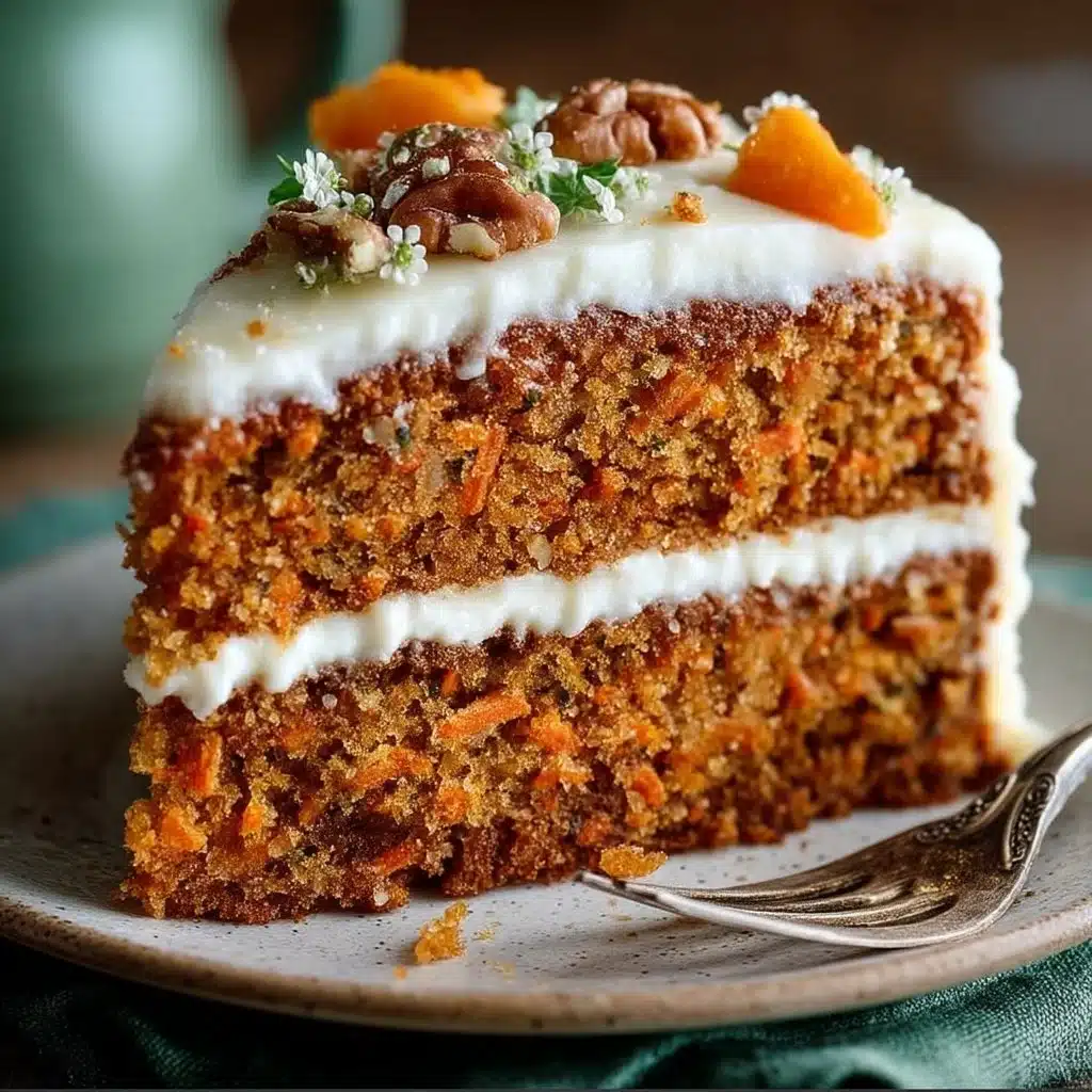 Delicious homemade carrot cake topped with cream cheese frosting.