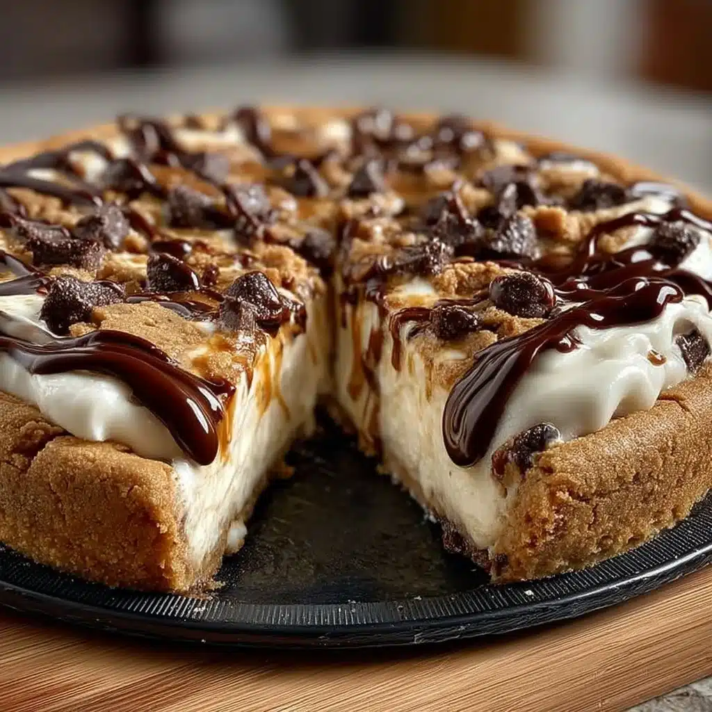 Delicious cheesecake pizza with cookie dough topping on a dessert platter