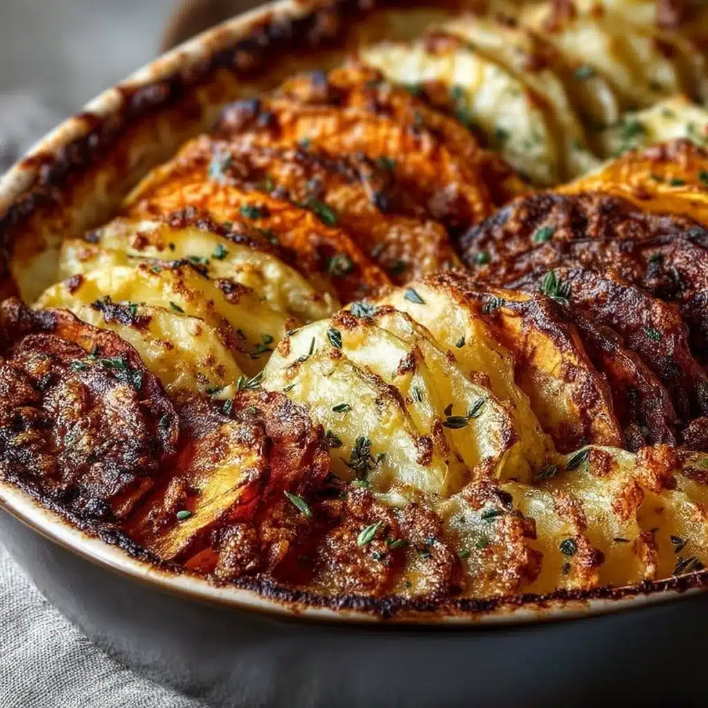 Cheesy root vegetable gratin made with layers of fresh vegetables and cheese