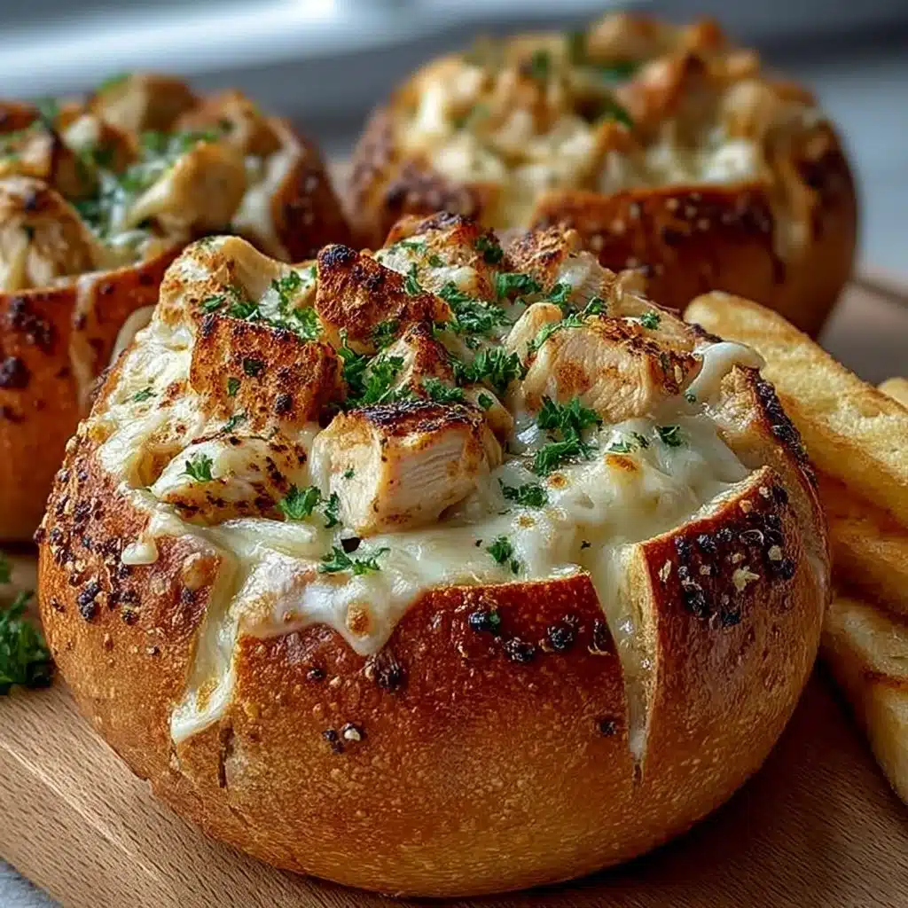 Delicious Chicken Alfredo served in garlic bread bowls.