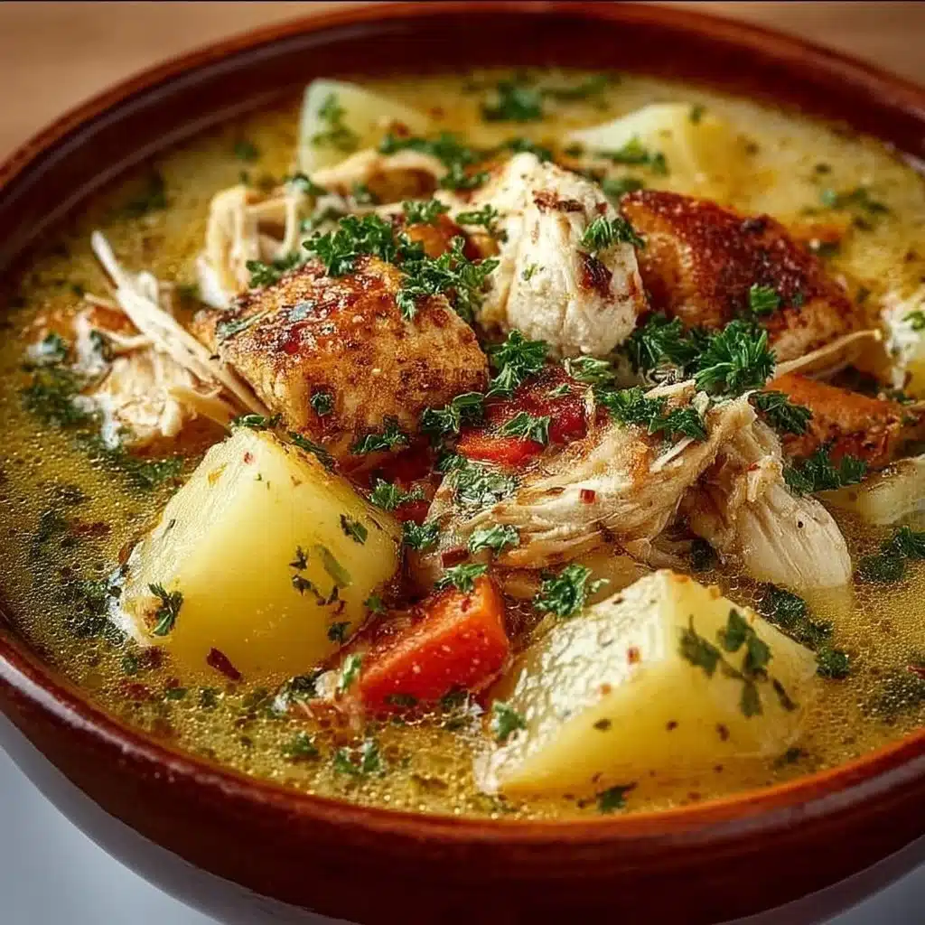 Bowl of Chicken and Potato Soup garnished with fresh herbs