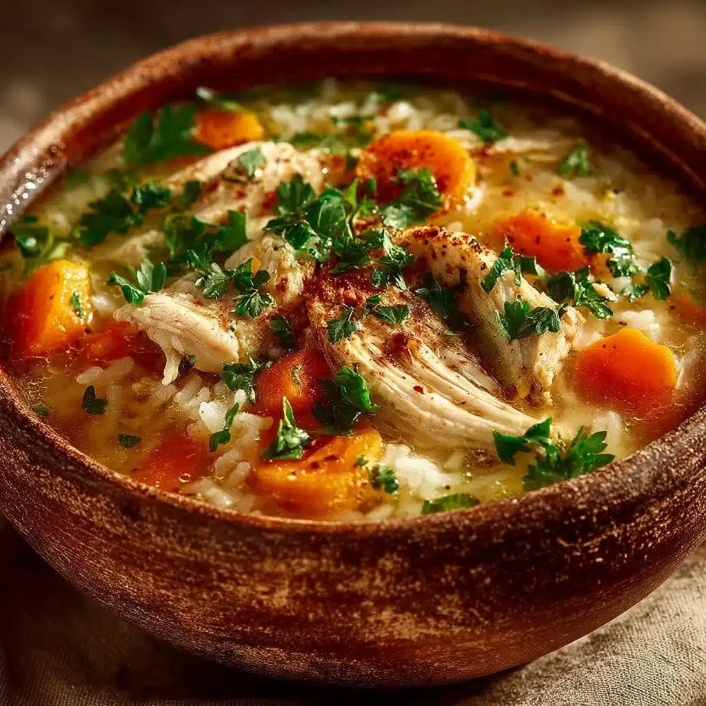A warm bowl of chicken rice soup garnished with herbs