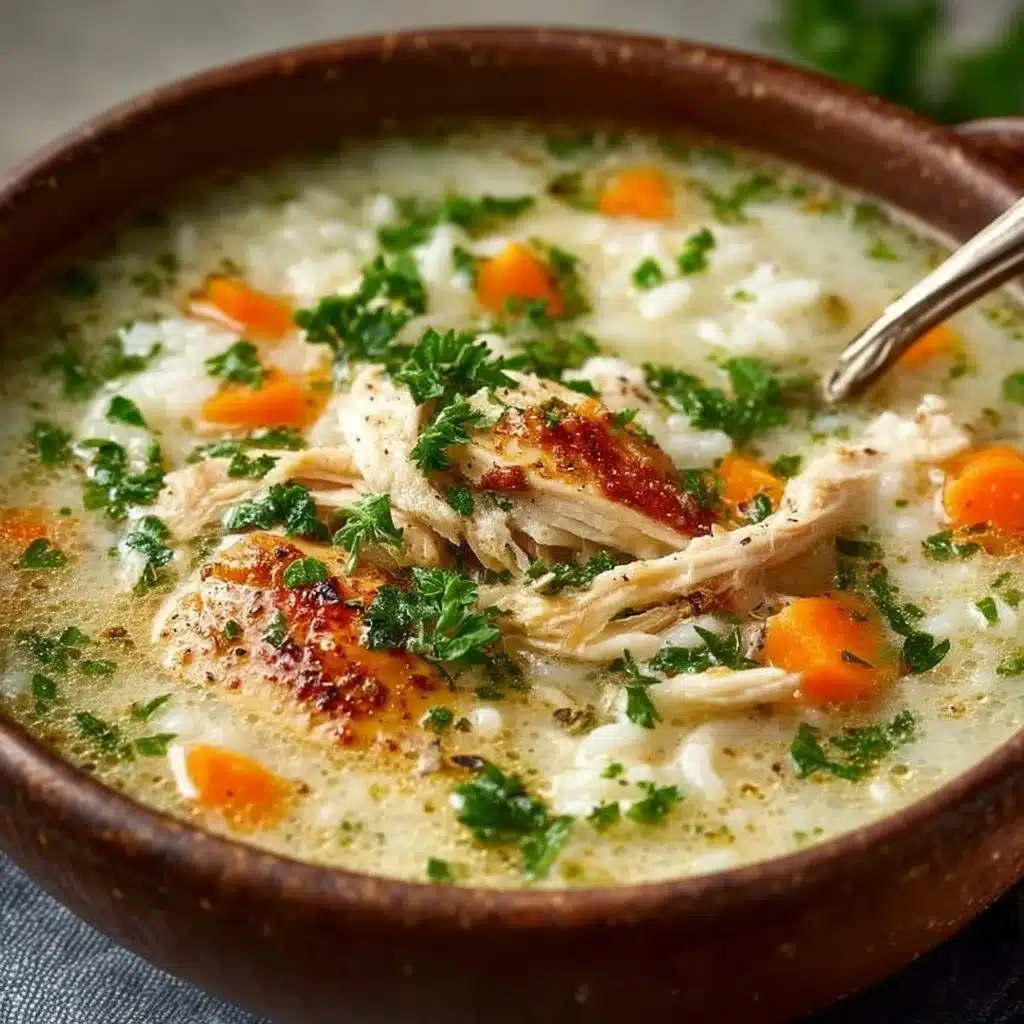 Bowl of homemade Chicken Rice Soup with herbs and vegetables.