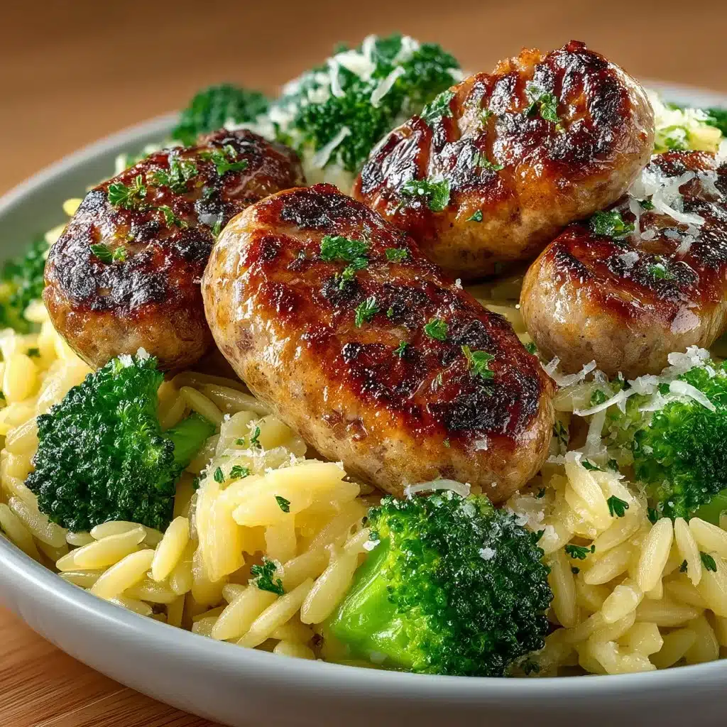 Plate of Chicken Sausage and Broccoli Orzo garnished with parsley
