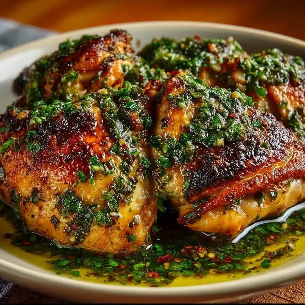 Plate of Chimichurri Chicken garnished with herbs and served with a side of vegetables
