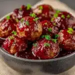 Delicious Christmas Cranberry Meatballs served on a festive platter