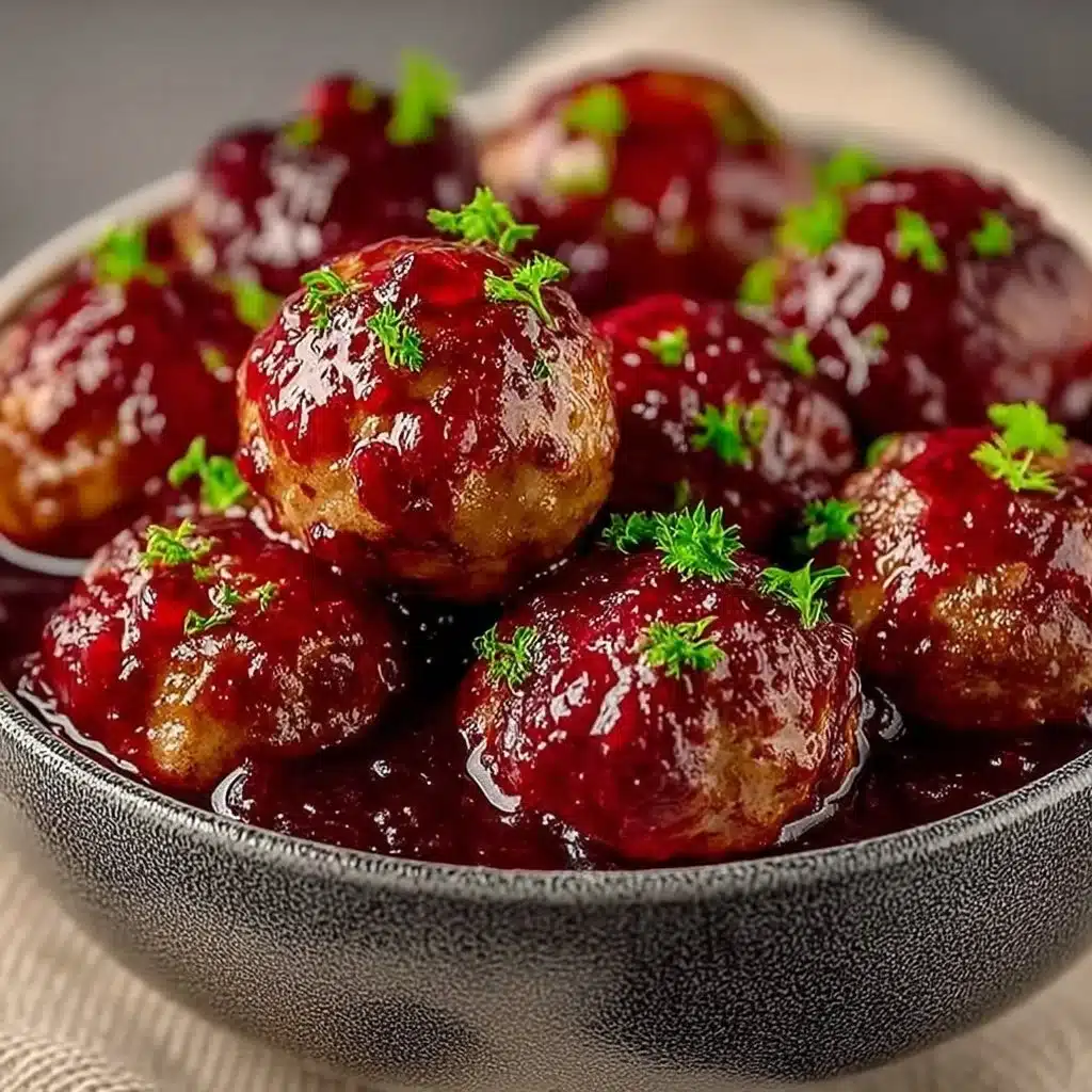 Delicious Christmas Cranberry Meatballs served on a festive platter