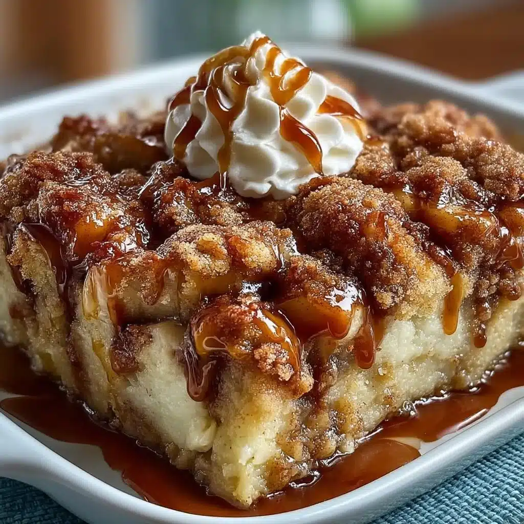 Delicious cinnamon roll dump cake fresh out of the oven with icing drizzle