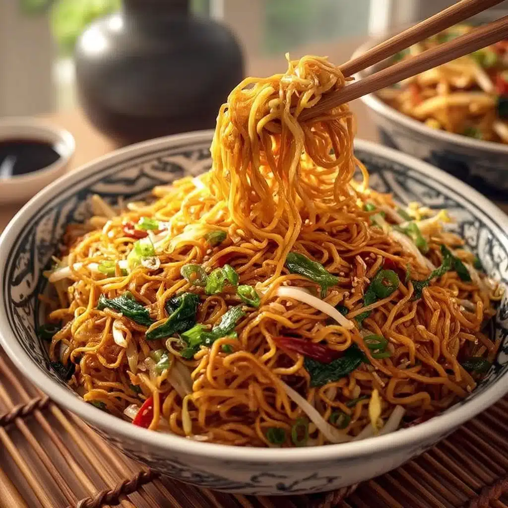 Delicious Classic Chinese Chow Mein served with colorful vegetables and meat