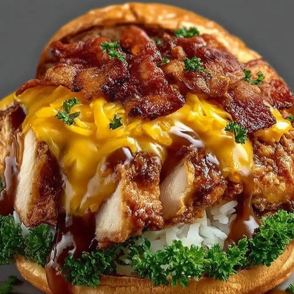 Delicious Cowboy BBQ Bacon Cheddar Chicken topped with crispy bacon and melted cheese.