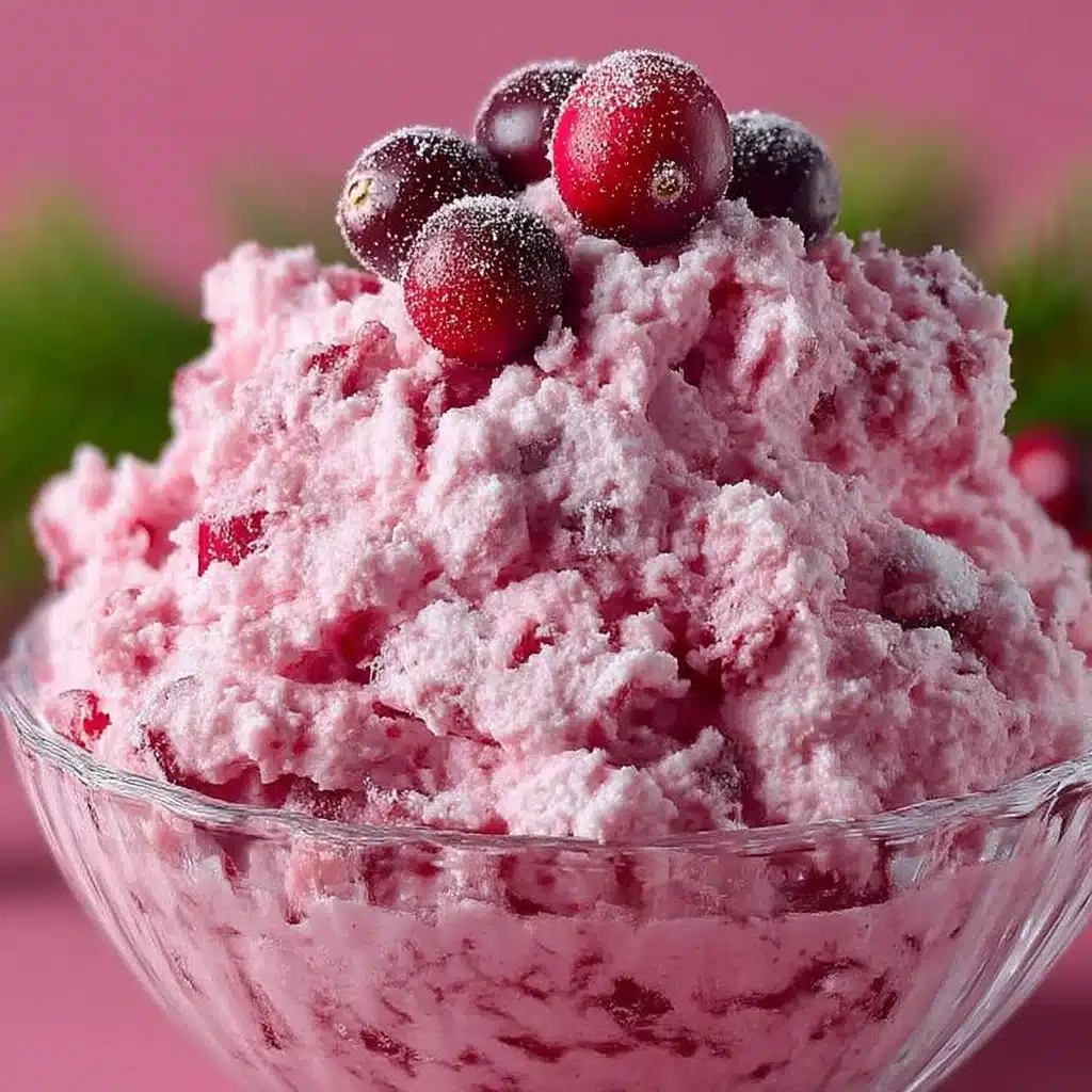 A bowl of creamy Cranberry Fluff dessert topped with whipped cream and cranberries