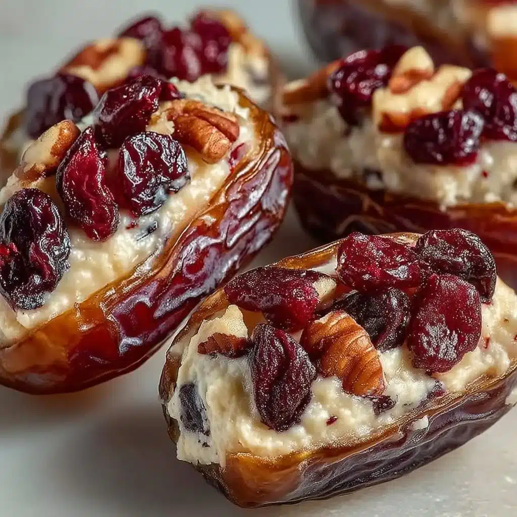 Cranberry pecan cream cheese stuffed dates on a serving platter.
