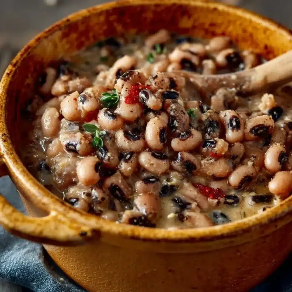 Creamy black eyed peas dish garnished with herbs and spices