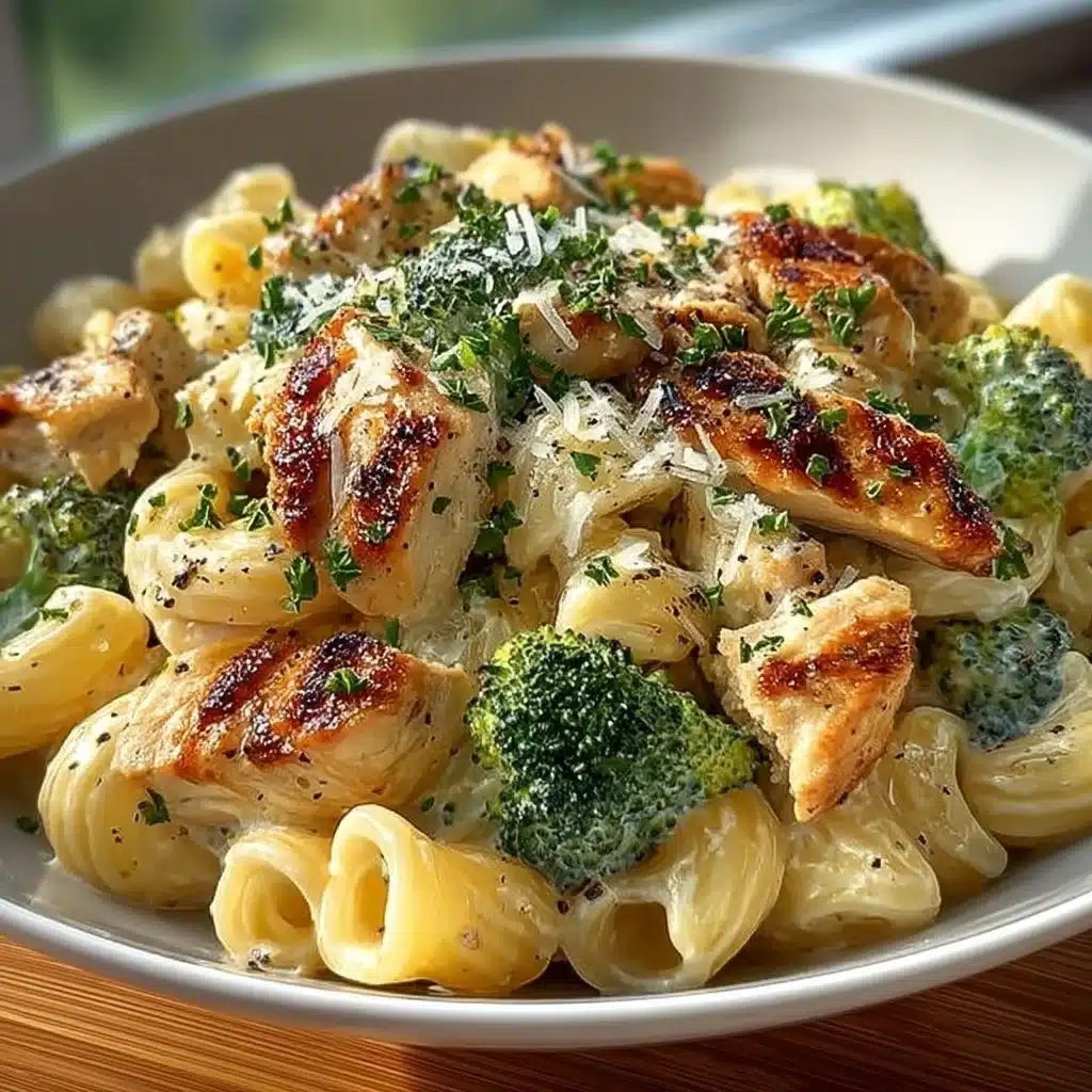 Creamy chicken and broccoli pasta served in a bowl with a sprinkle of cheese
