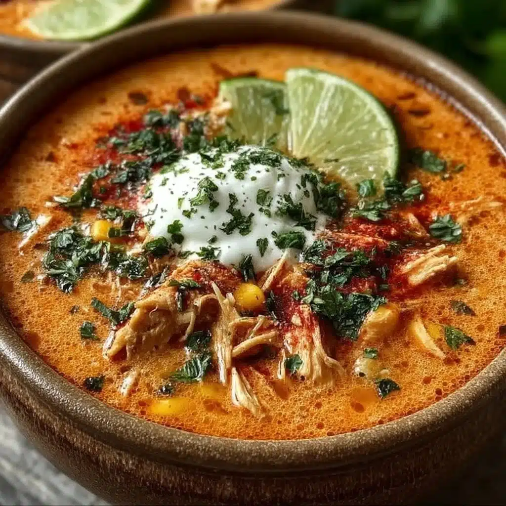 Bowl of creamy chicken enchilada soup topped with cheese and cilantro
