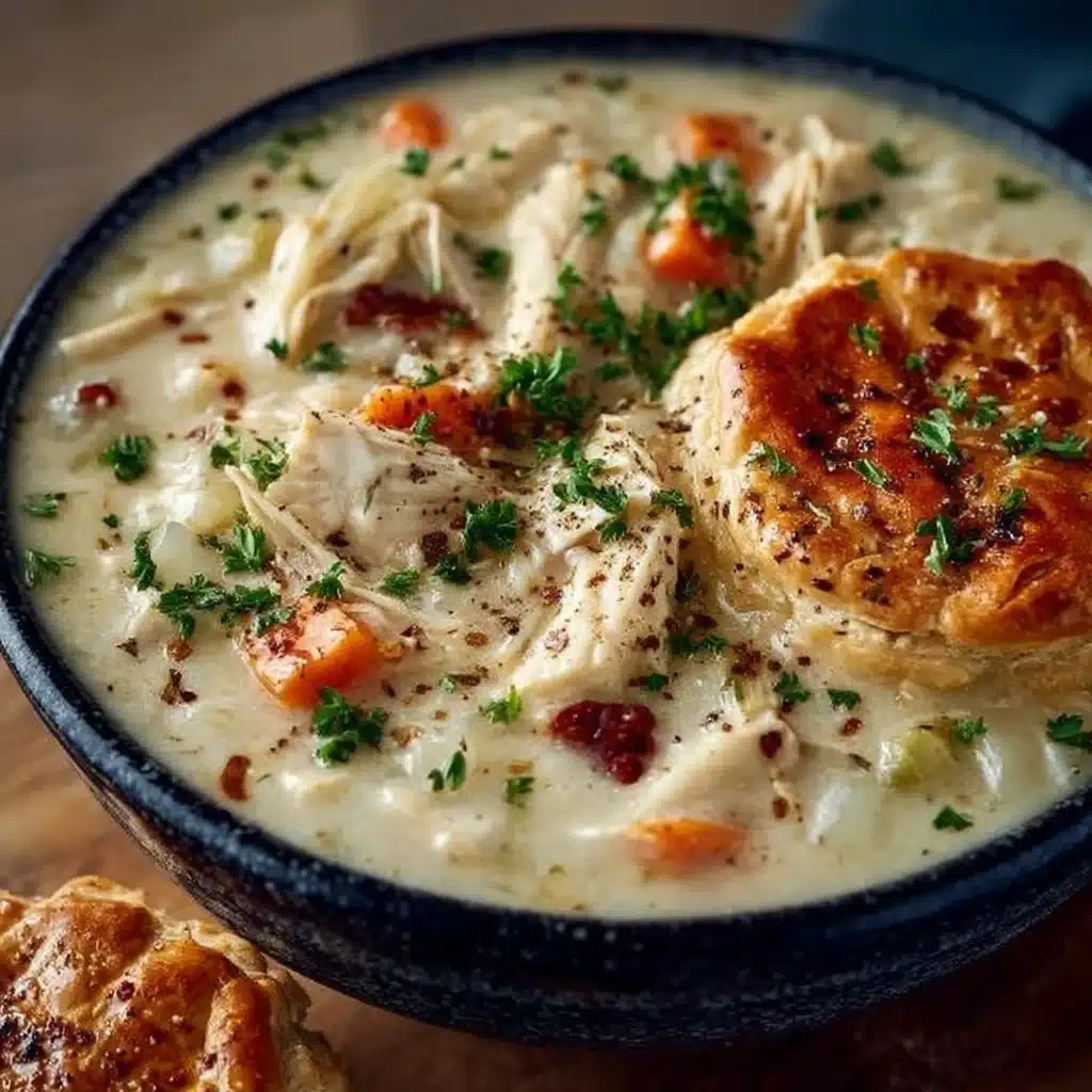 Creamy chicken pot pie soup in a bowl, garnished with herbs and bread on the side