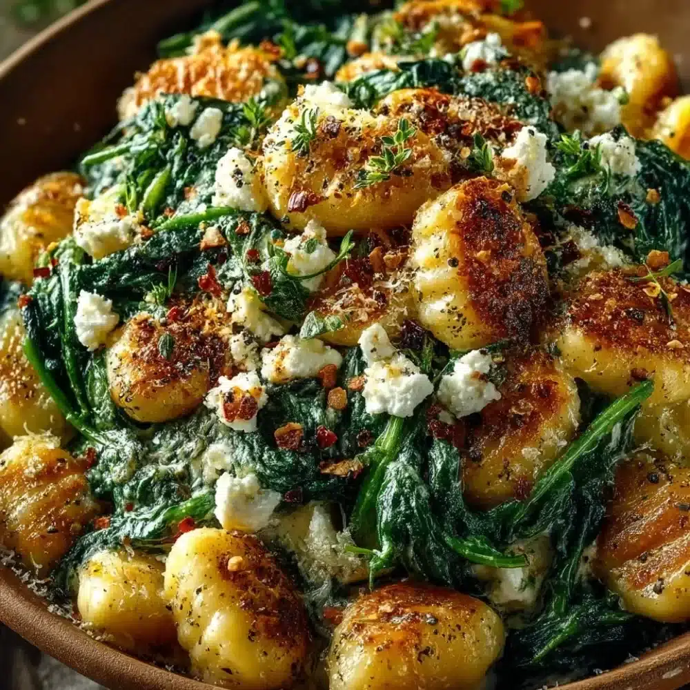 Creamy gnocchi with spinach and feta in a bowl