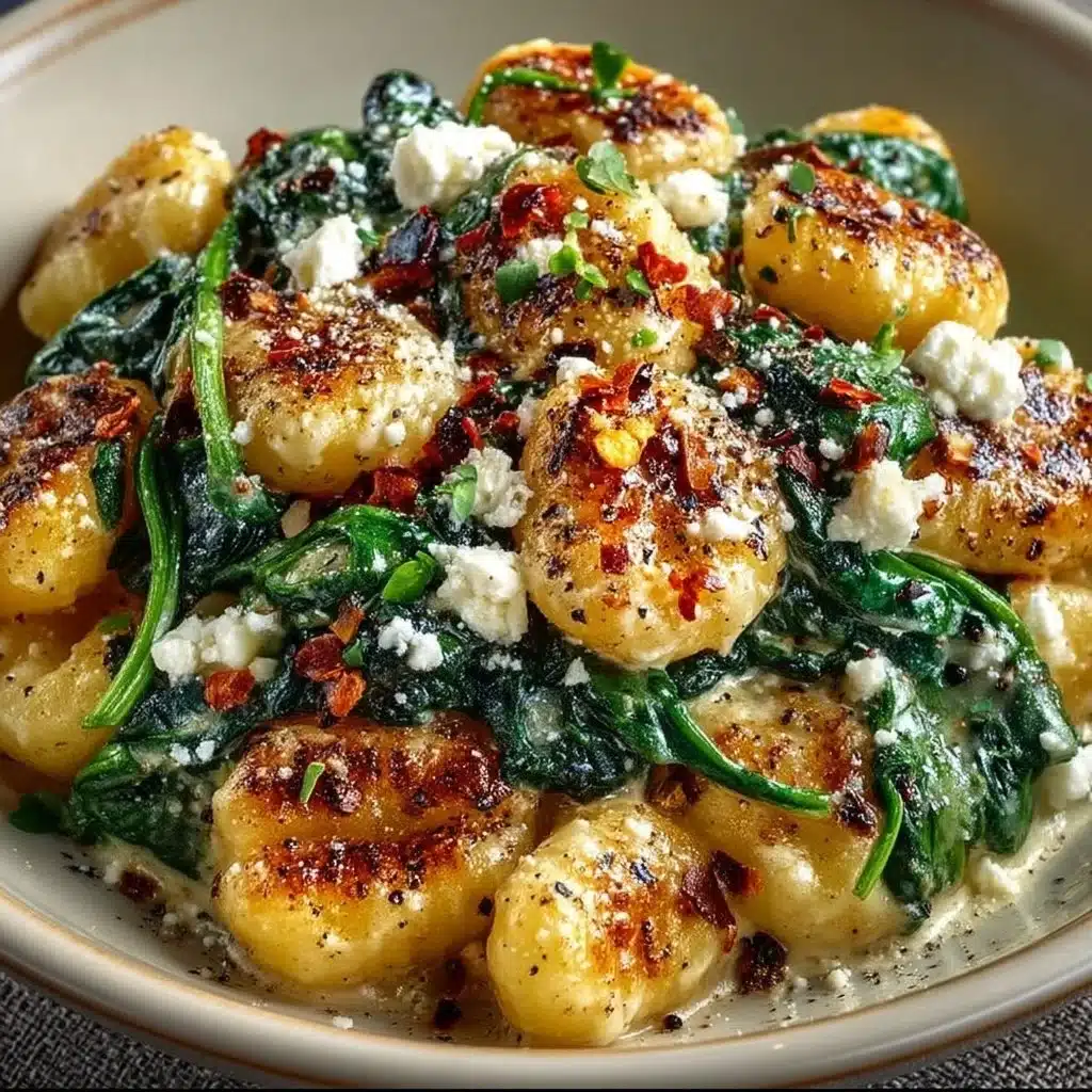 Creamy gnocchi dish with spinach and feta cheese on a plate