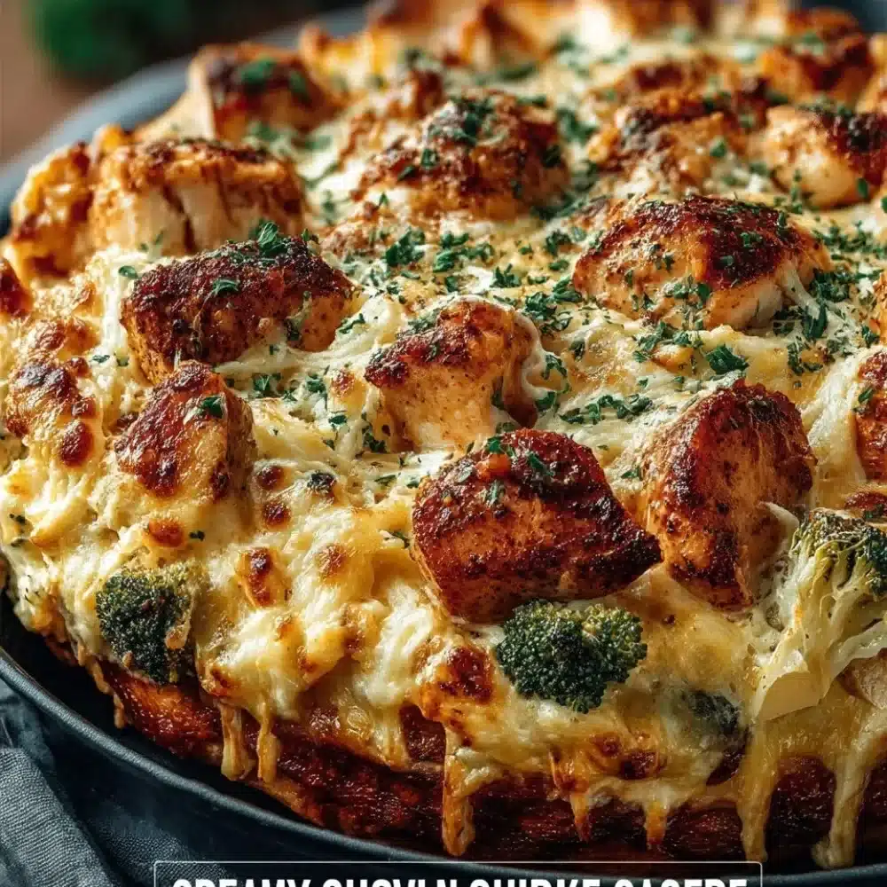 Creamy low carb chicken casserole topped with herbs and cheese in a baking dish