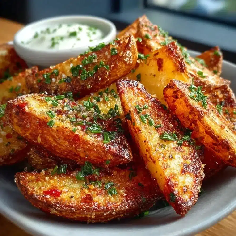 Delicious crispy potato wedges served with dipping sauce