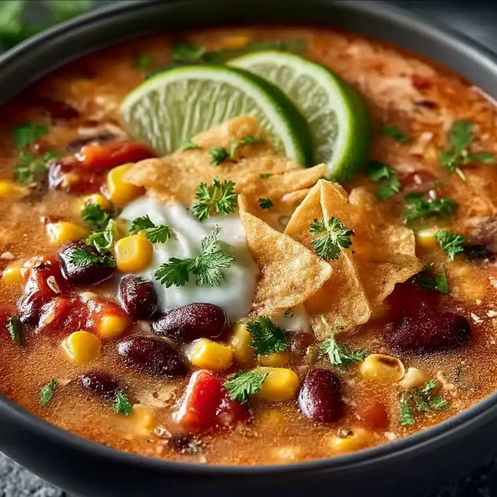 Bowl of Crockpot Vegetarian Tortilla Soup garnished with tortilla strips and avocado.