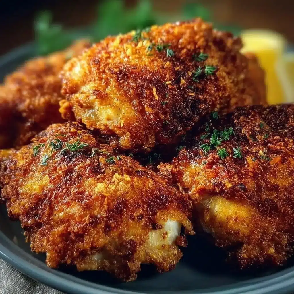 Deliciously crunchy chicken thighs on a plate, ready to serve.