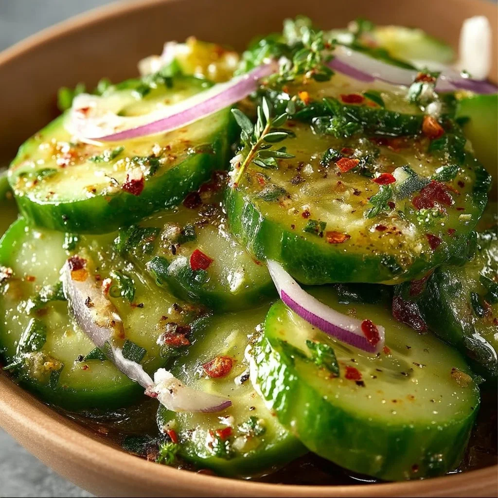 Fresh cucumber salad with herbs and dressing in a bowl