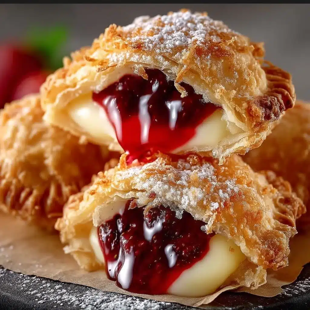 Deep fried strawberry cheesecake pies served on a plate