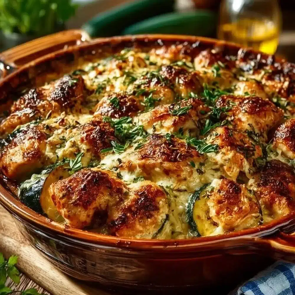 Delicious easy chicken zucchini bake recipe with melted cheese and fresh herbs.