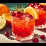 Festive Easy Christmas Punch in a glass with cranberries and citrus fruits.