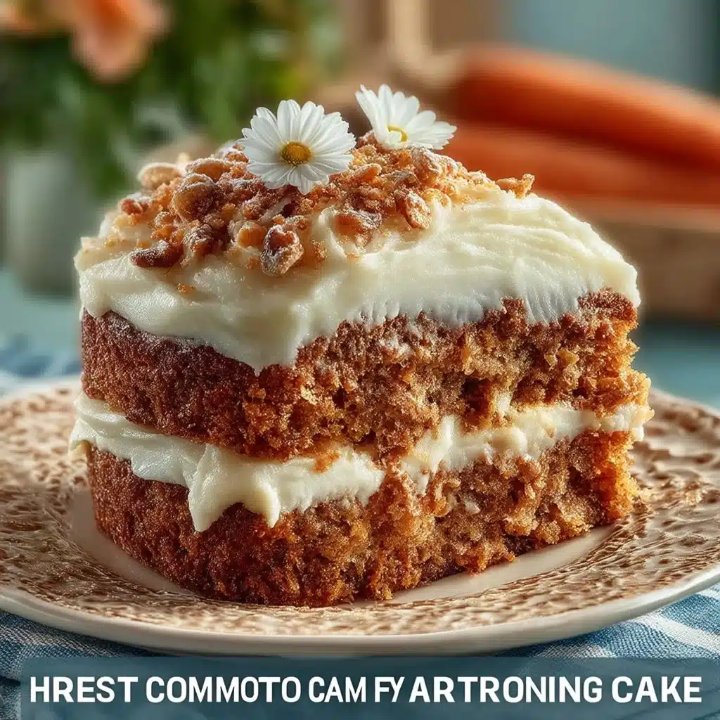 Slice of easy homemade carrot cake on a plate, topped with cream cheese frosting.